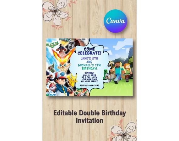 Twin Pokemon and Minecraft Invitation | Canva Template